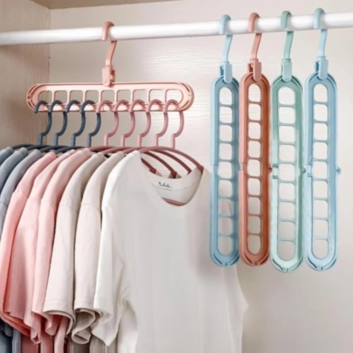 9 in 1 Smart Hanger Pro, 9 Holes Rotate Anti-Skid Folding Hanger, Multi Hangers Space Saving Heavy Duty, Nine-Hole Plastic Hangers, Cascading Features for Home or Travel (5pcs-Blue)