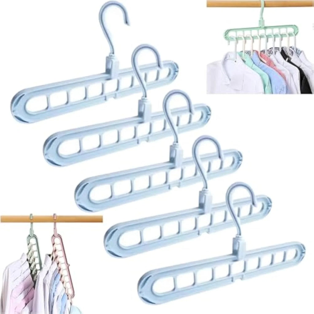 9 in 1 Smart Hanger Pro, 9 Holes Rotate Anti-Skid Folding Hanger, Multi Hangers Space Saving Heavy Duty, Nine-Hole Plastic Hangers, Cascading Features for Home or Travel (5pcs-Blue)