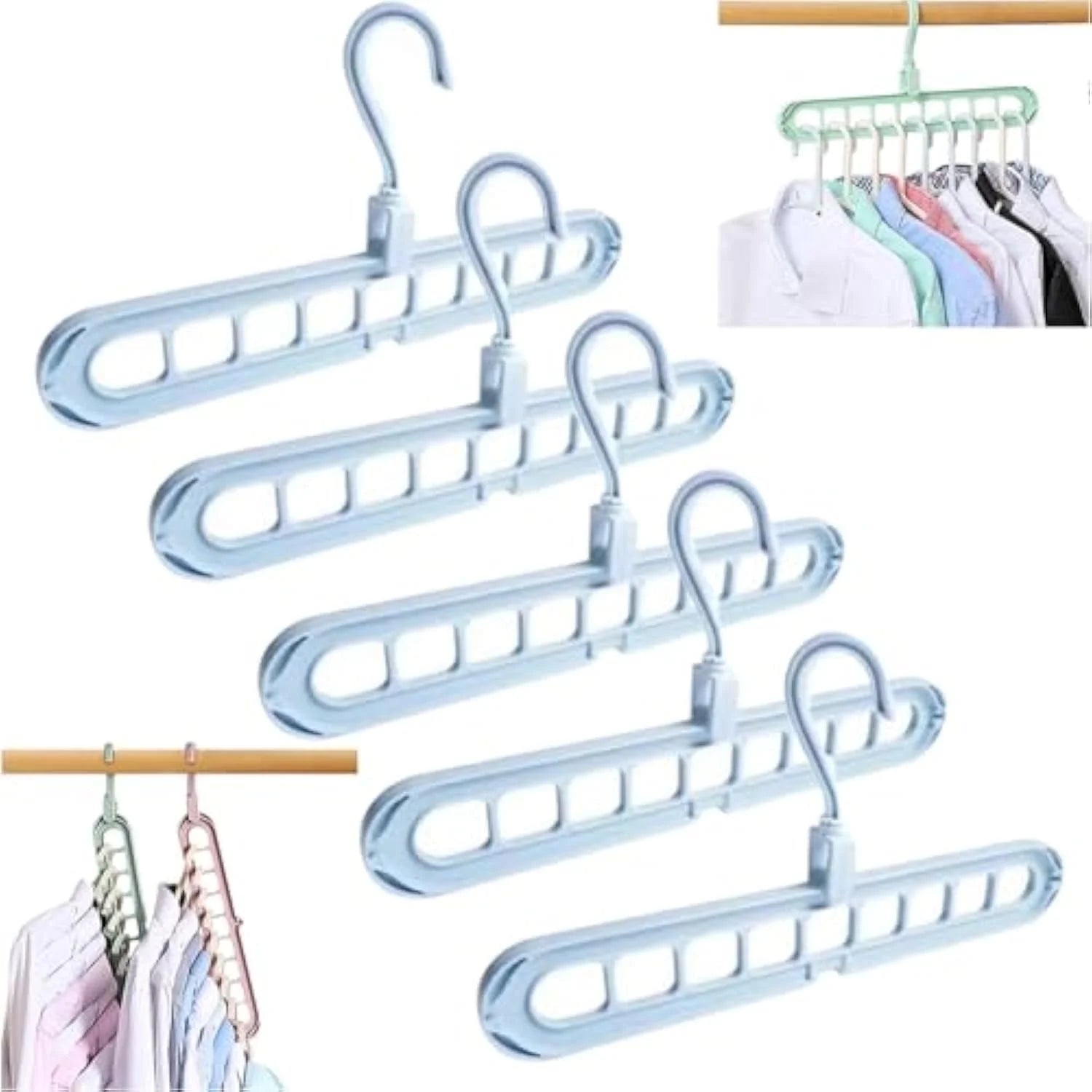 9 in 1 Smart Hanger Pro, 9 Holes Rotate Anti-Skid Folding Hanger, Multi Hangers Space Saving Heavy Duty, Nine-Hole Plastic Hangers, Cascading Features for Home or Travel (5pcs-Blue)