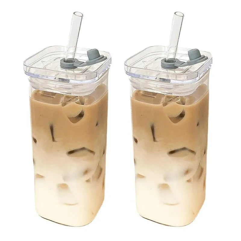 1Pcs Square Heat Resistant Coffee Glass Cup With Lid and Straw Transparent Milk Tea Juice Cups For Home Bar Drinkware
