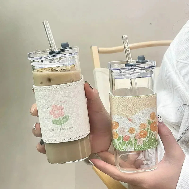 1Pcs Square Heat Resistant Coffee Glass Cup With Lid and Straw Transparent Milk Tea Juice Cups For Home Bar Drinkware