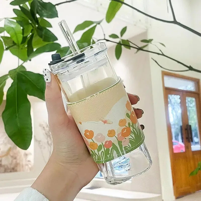 1Pcs Square Heat Resistant Coffee Glass Cup With Lid and Straw Transparent Milk Tea Juice Cups For Home Bar Drinkware