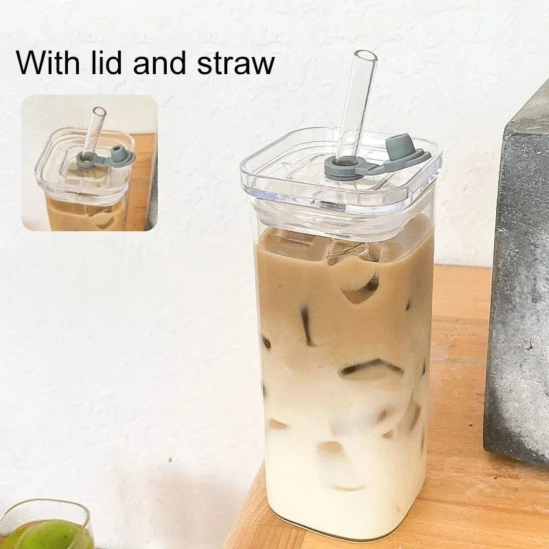 1Pcs Square Heat Resistant Coffee Glass Cup With Lid and Straw Transparent Milk Tea Juice Cups For Home Bar Drinkware