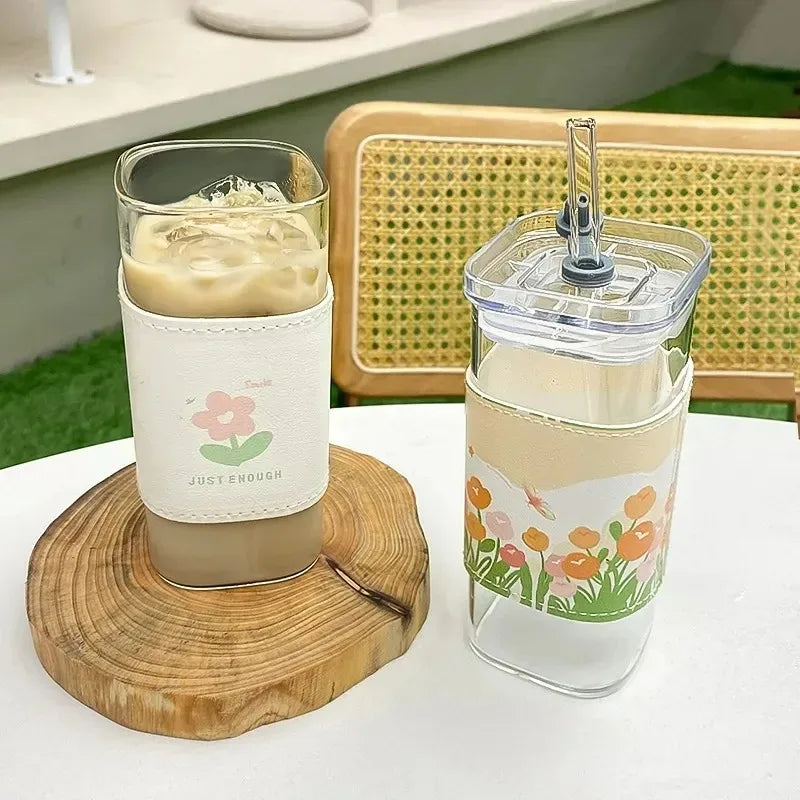 1Pcs Square Heat Resistant Coffee Glass Cup With Lid and Straw Transparent Milk Tea Juice Cups For Home Bar Drinkware