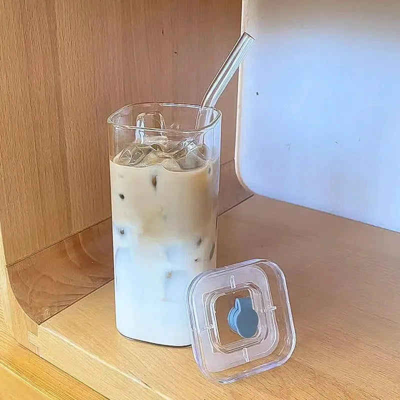 1Pcs Square Heat Resistant Coffee Glass Cup With Lid and Straw Transparent Milk Tea Juice Cups For Home Bar Drinkware