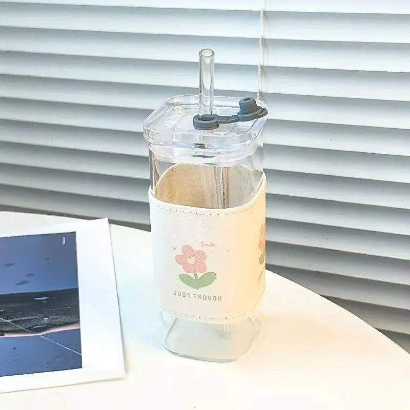 1Pcs Square Heat Resistant Coffee Glass Cup With Lid and Straw Transparent Milk Tea Juice Cups For Home Bar Drinkware