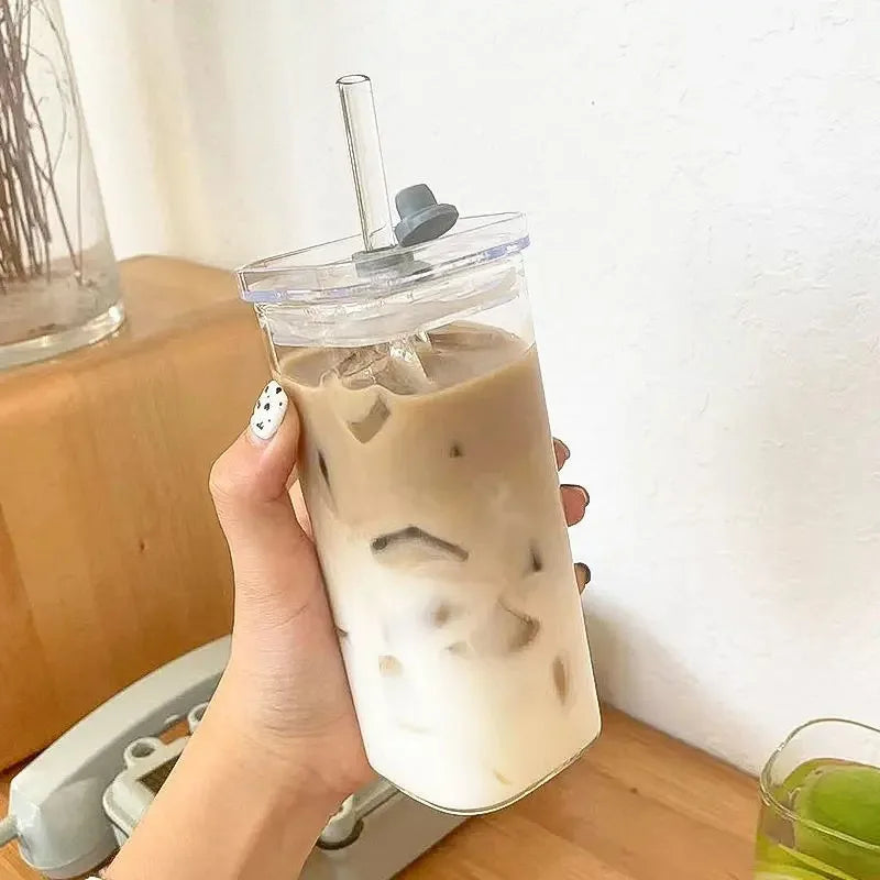 1Pcs Square Heat Resistant Coffee Glass Cup With Lid and Straw Transparent Milk Tea Juice Cups For Home Bar Drinkware
